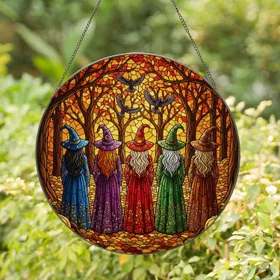 Five Witches Stained Glass Autumn Forest Mosaic - Enchanted Woodland Fall Halloween Decor Stained Glass Suncatcher