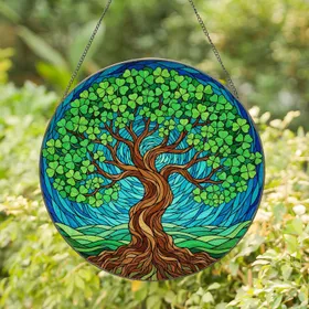 Four-Leaf Clover Gnarled Tree Tiffany Stained Glass - Intricate Jewel Tone Art Stained Glass Suncatcher