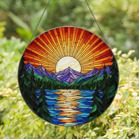 Luminous Sun Mountain Lake Evergreen Trees Tiffany Stained Glass Art Home Decor Gift Stained Glass Suncatcher