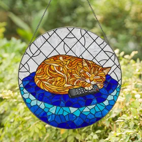 Sleeping Orange Tabby Cat TV Remote - Stained Glass Tiffany Style Pet Lover Gift Stained Glass Suncatcher
