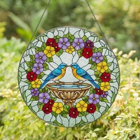 Tiffany Style Stained Glass Blue Orange Songbirds Bird Bath Floral Wreath Intricate Design Stained Glass Suncatcher