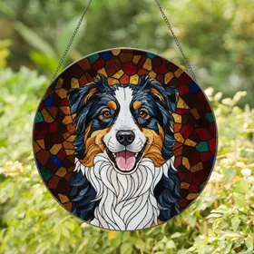 Tri-Color Australian Shepherd Dog Portrait Stained Glass - Tiffany Geometric Mosaic Art Stained Glass Suncatcher
