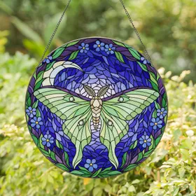 Luna Moth Stained Glass Tiffany Jewel Tone Art - Crescent Moon Twilight Night Sky Foliage Stained Glass Suncatcher