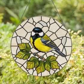 Great Tit Bird Stained Glass Tiffany Style Art - Yellow Belly Green Leaf Mosaic Detailed Stained Glass Suncatcher