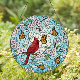 Red Cardinal Cherry Blossom Monarch Butterfly Intricate Tiffany Stained Glass Art Stained Glass Suncatcher