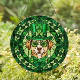 Tiffany Style Stained Glass Tan Dog Green Top Hat Shamrock - St. Patrick's Day Gift Stained Glass Suncatcher