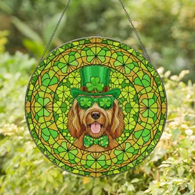 Brown Shaggy Dog Leprechaun Hat Four-Leaf Clover St. Patrick's Day Irish Celebration Stained Glass Suncatcher