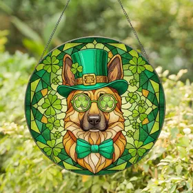 German Shepherd Dog Leprechaun Hat Four Leaf Clover Tiffany Style - St. Patrick's Day Dog Lover Gift Stained Glass Suncatcher