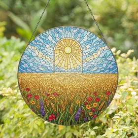 Tiffany Stained Glass Radiant Sun Arched Window - Wildflower Wheat Fields Sky Mosaic Stained Glass Suncatcher
