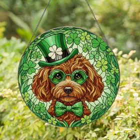 Fluffy Poodle Dog Leprechaun Hat Green Shamrocks - St. Patrick's Day Dog Lover Gift Stained Glass Suncatcher