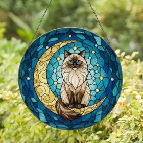 Fluffy Ragdoll Cat Golden Crescent Moon - Stained Glass Night Sky Jewel Tones Stars Stained Glass Suncatcher