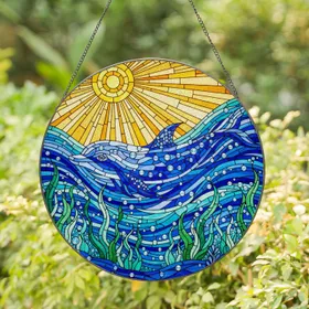Jewel Tone Mosaic Dolphin Ocean Sun Tiffany Stained Glass Sea Waves Aquatic Plant Decor Stained Glass Suncatcher
