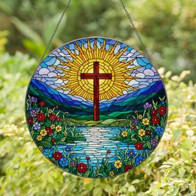Christian Cross Stained Glass Art - Tiffany Style Sun, Water, Wildflowers, Mountain Faith Decor Stained Glass Suncatcher