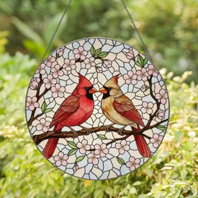 Intricate Glowing Cardinals Tree Branch Cherry Blossom Tiffany Stained Glass Mosaic Art Stained Glass Suncatcher