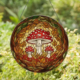 Toadstool Mushroom Ladybug Stained Glass Woodland Floor Red Berries Autumn Leaves Home Decor Stained Glass Suncatcher