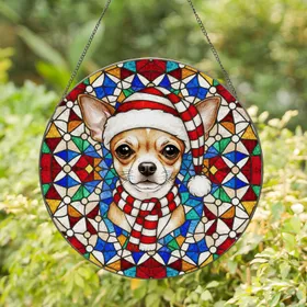 Chihuahua Dog Santa Hat Red Scarf Stained Glass Geometric Mosaic - Christmas Holiday Gift Stained Glass Suncatcher