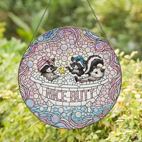 Raccoon Skunk Opossum Bathtub "NICE BUTT" Tiffany Glass Animal Humor Bathroom Relax Gift Stained Glass Suncatcher