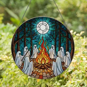 Vibrant Stained Glass Bonfire Ghosts Night Forest Full Moon Bats Gothic Ritual Decor Stained Glass Suncatcher