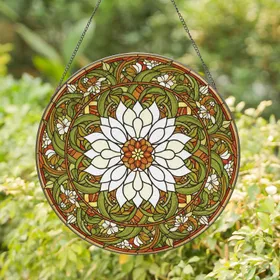 Colorful Stained Glass White Flower Medallion with Botanical Leaves & Tiffany Style Art Stained Glass Suncatcher