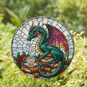 Majestic Fantasy Dragon Book Stack Teacup Red Berries Green Leaves Stained Glass Radiant Sky Stained Glass Suncatcher