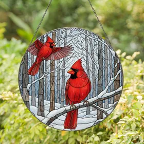 Stained Glass Male Cardinal Soaring Bird Winter Forest Tiffany Art Jewel Tone Decor Stained Glass Suncatcher