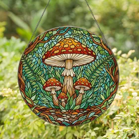 Tiffany Stained Glass Mushroom Forest Floor Art - Detailed Enchanted Woodland Decor Stained Glass Suncatcher