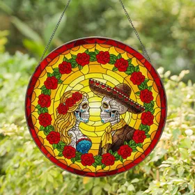 Detailed Calavera Couple Stained Glass Tiffany Art Sombrero Roses - Day of Dead Gift Stained Glass Suncatcher