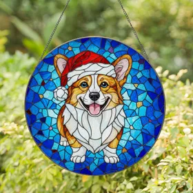 Corgi Dog Santa Hat Stained Glass Mosaic - Tiffany Style Christmas Holiday Gift for Dog Lovers Stained Glass Suncatcher