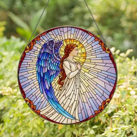 Ethereal Angel Stained Glass Tiffany Art Floral Border Radiant Light Rays Jewel Tones Stained Glass Suncatcher