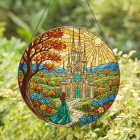 Fantasy Castle Stained Glass Woman Autumn Path - Fairytale Landscape Jeweled Tones Stained Glass Suncatcher
