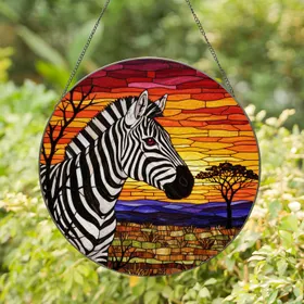 Zebra Head African Savanna Sunset Tiffany Style Glowing Jewel Tones Intricate Stripes Stained Glass Suncatcher