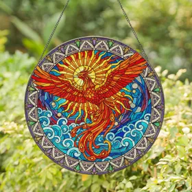 Majestic Fiery Soaring Phoenix Sunburst Mosaic - Tiffany Stained Glass Art Decor Stained Glass Suncatcher