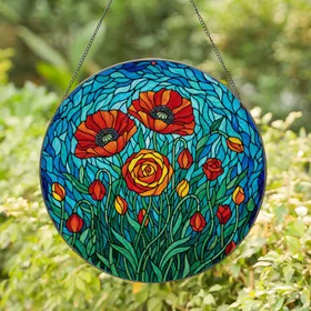 Tiffany Glass Blooming Flowers Poppy Rose - Detailed Stained Glass Floral Art Stained Glass Suncatcher