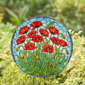 Poppy Flowers Stained Glass Tiffany Style - Intricate Mosaic Sky Blue Purple Border Stained Glass Suncatcher