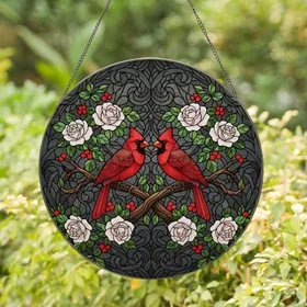 Red Cardinals Male Female Tiffany Stained Glass - Rose Berry Mosaic Jewel Tones Stained Glass Suncatcher
