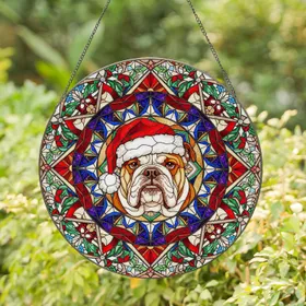 Bulldog Santa Hat Stained Glass Tiffany Art Mosaic - Christmas Holiday Dog Decor Gift Stained Glass Suncatcher