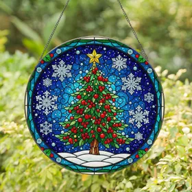 Majestic Christmas Tree Stained Glass Tiffany Style Snowflakes Holly Berries Home Decor Stained Glass Suncatcher