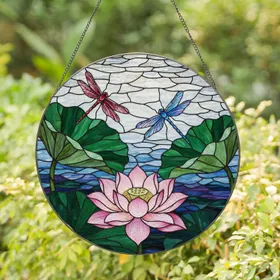 Pink Lotus Dragonfly Tiffany Stained Glass Pond Mosaic - Nature Garden Home Decor Accent Stained Glass Suncatcher