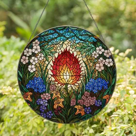 Tiffany Stained Glass Spiky Seed Pod Wildflower Botanical Garden Art Jewel Tones Stained Glass Suncatcher
