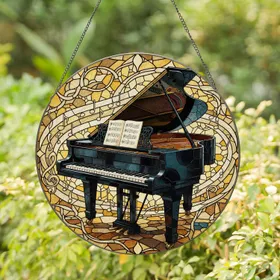 Black Grand Piano Music Notes Intricate Jewel Tone Mosaic Tiffany Stained Glass Art Stained Glass Suncatcher