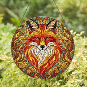 Stylized Fox Head Flame Mosaic Stained Glass Art with Intense Amber Eyes - Tiffany Decor Stained Glass Suncatcher