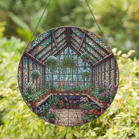 Tiffany Style Stained Glass Greenhouse Botanical Garden Potted Plants Decor Stained Glass Suncatcher