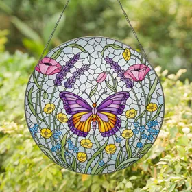 Purple Yellow Butterfly Stained Glass Lavender Poppy Buttercup Tiffany Colorful Mosaic Art Stained Glass Suncatcher
