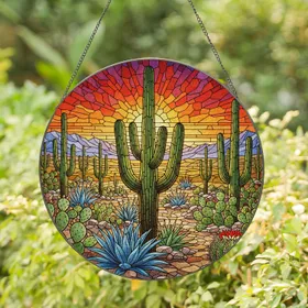 Saguaro Cactus Desert Landscape Tiffany Glass Stained Art - Prickly Pear & Blue Agave Stained Glass Suncatcher