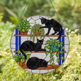 Black Cats Houseplants Stained Glass Artwork - Tiffany Style Shelving Unit Cat Lover Gift Stained Glass Suncatcher