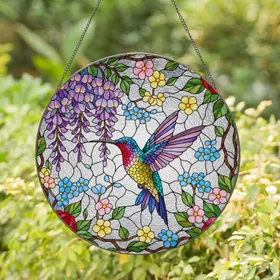 Hummingbird Wisteria Forget-Me-Not Camellia Floral Tiffany Glass Mosaic - Garden Home Gift Stained Glass Suncatcher