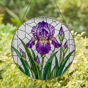 Majestic Purple Iris Flower In Bloom Stained Glass Art - Jewel Tone Home Decor Gift Stained Glass Suncatcher