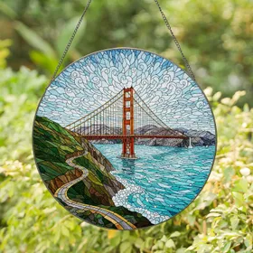 Golden Gate Bridge Stained Glass - Intricate Bay Waterfall Mountain Hills Scenery Stained Glass Suncatcher