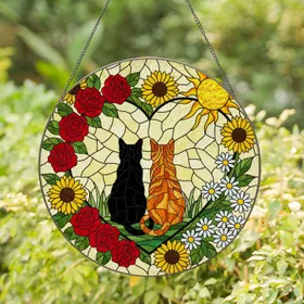 Black Cat Orange Tabby Heart Stained Glass Tiffany Style Roses Sunflowers Golden Sun Stained Glass Suncatcher
