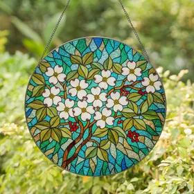Dogwood Flowers Red Berries Stained Glass Mosaic Art - Tiffany Style Leaves Design Stained Glass Suncatcher